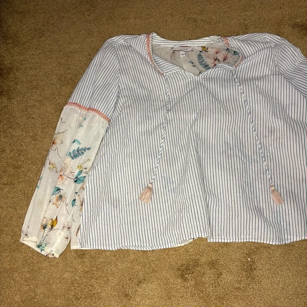 Johnny Was Workshop Effortless Puff Sleeve Peasant Blouse Tassel Scarf Mix Sz S